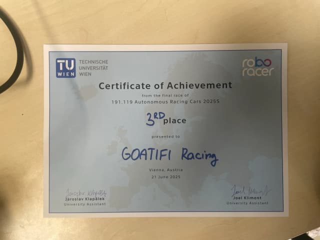 GOATIFI Racing third-place certificate, TU Wien Autonomous Racing Cars, 21 June 2025